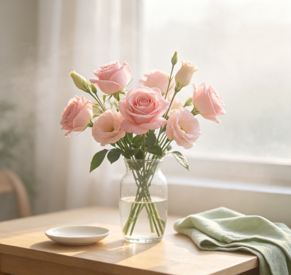 Pink Roses & Lisianthus · Soft Morning Mist
