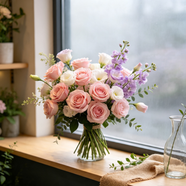 Pink Roses & Lisianthus · Soft Morning Mist