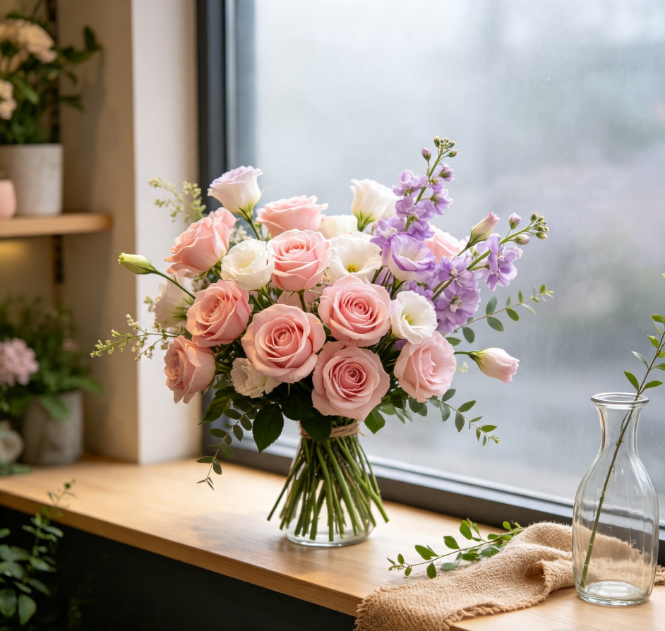 Pink Roses & Lisianthus · Soft Morning Mist