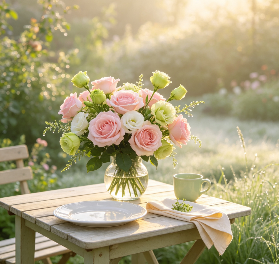 Pink & White Roses & Green Lisianthus · Morning Dew