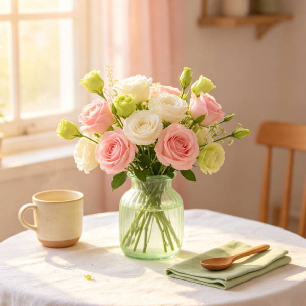 Pink & White Roses & Green Lisianthus · Morning Dew