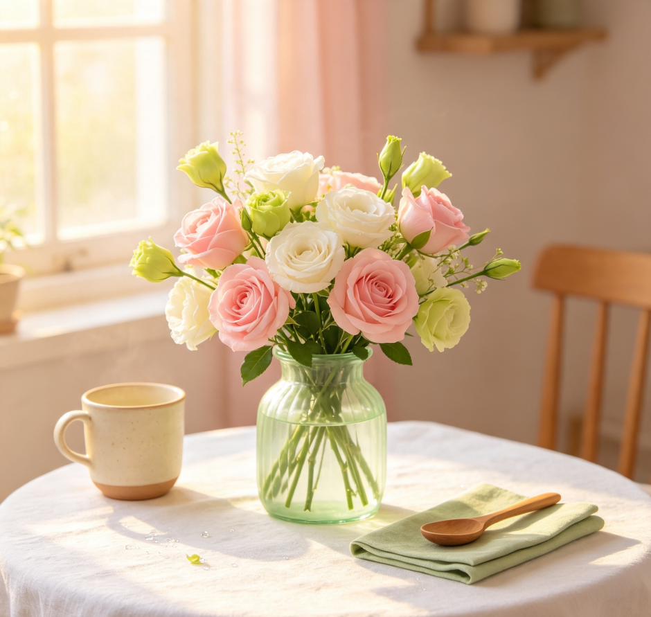 Pink & White Roses & Green Lisianthus · Morning Dew