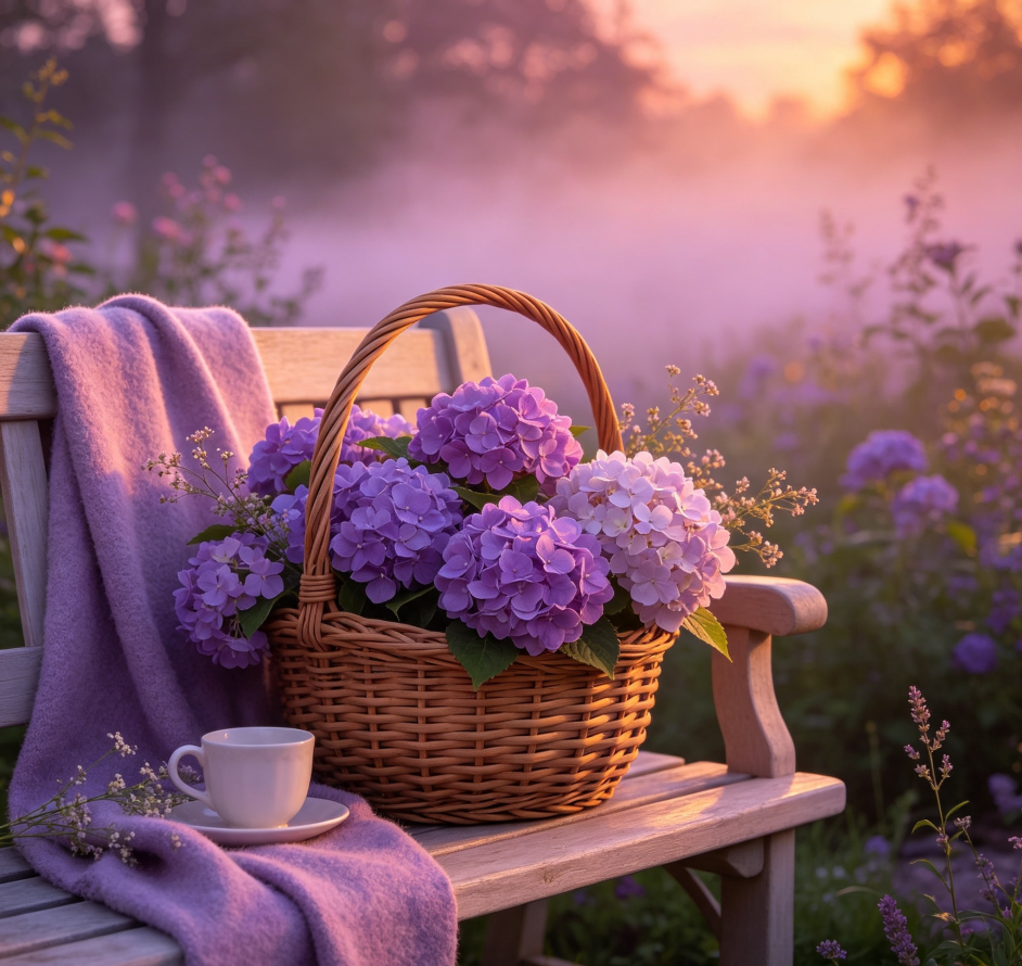 Violets & Pale Purple Hydrangeas · Twilight Haze