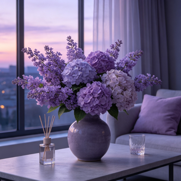 Violets & Pale Purple Hydrangeas · Twilight Haze