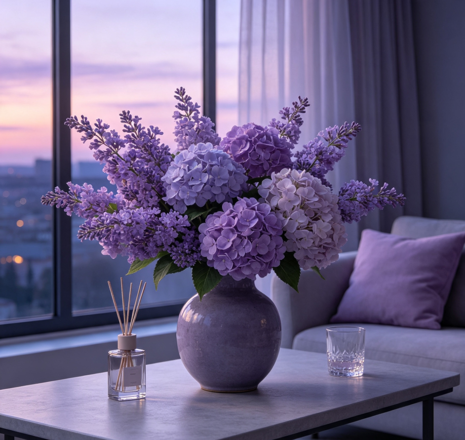 Violets & Pale Purple Hydrangeas · Twilight Haze