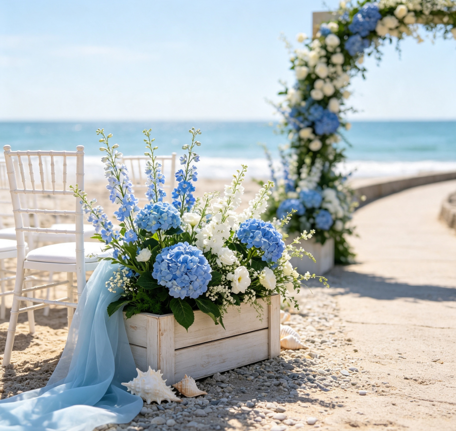 Blue Hydrangeas & White Delphiniums · Coastline