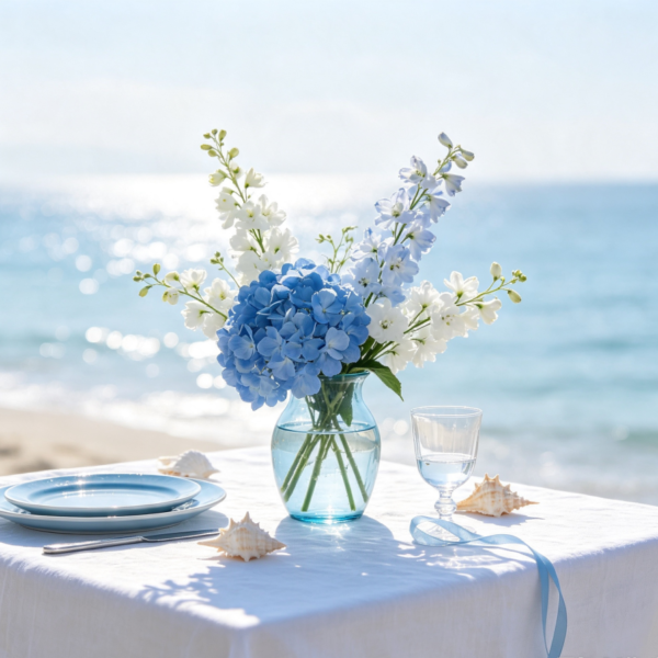 Blue Hydrangeas & White Delphiniums · Coastline