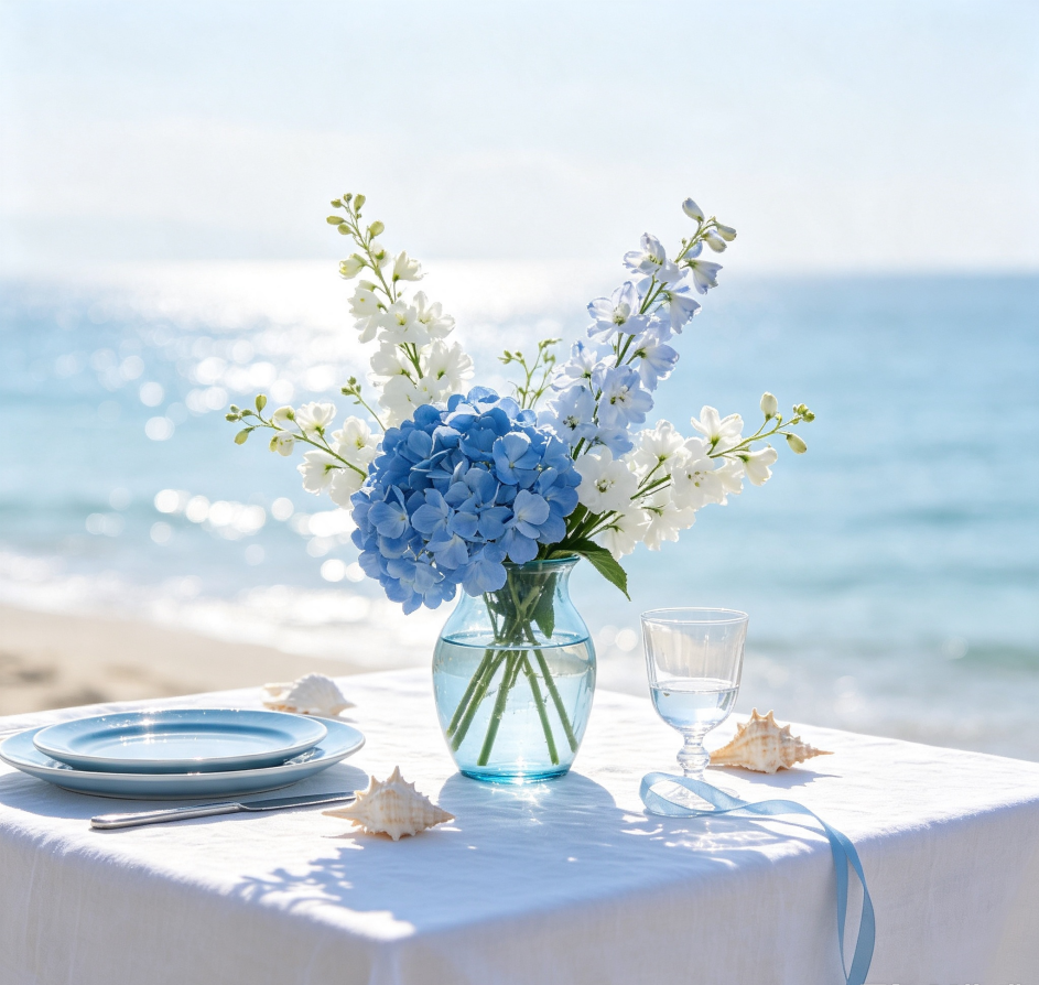 Blue Hydrangeas & White Delphiniums · Coastline