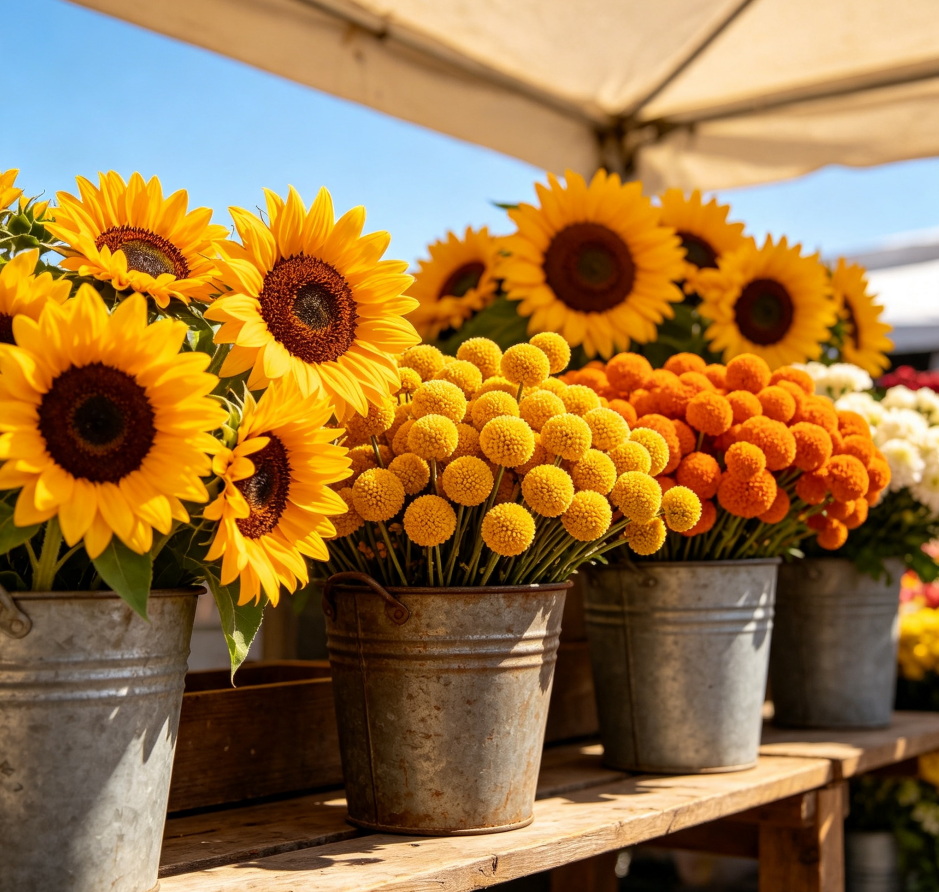 Sunflowers & Craspedia · Radiant Clear Sky