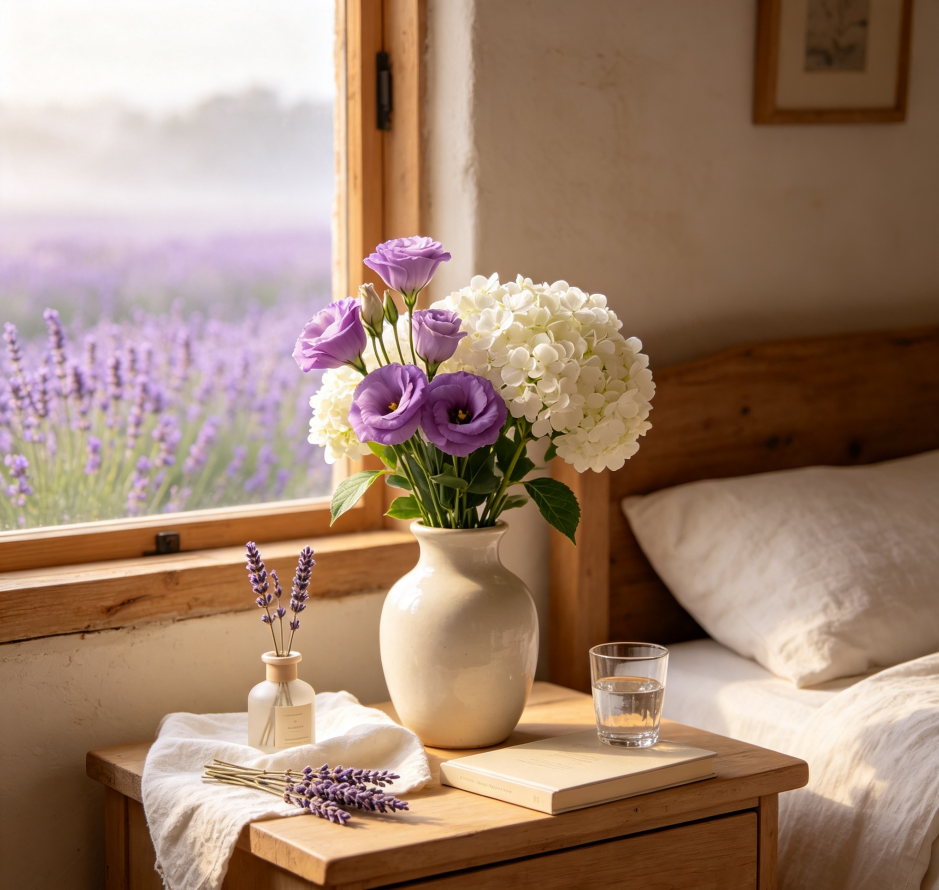 Purple Lisianthus & White Hydrangeas · Lavender Fields