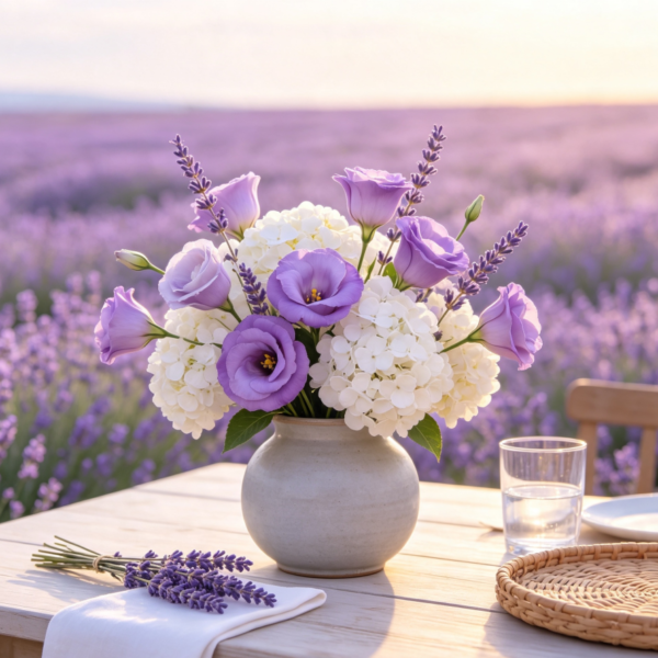 Purple Lisianthus & White Hydrangeas · Lavender Fields
