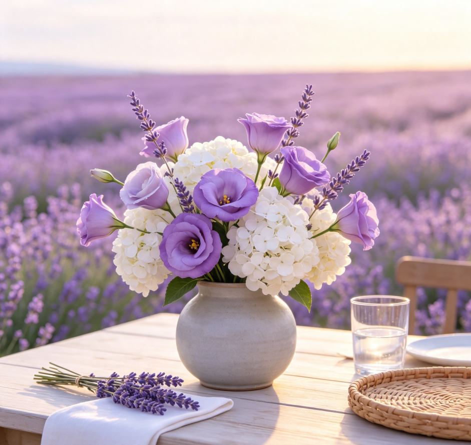Purple Lisianthus & White Hydrangeas · Lavender Fields