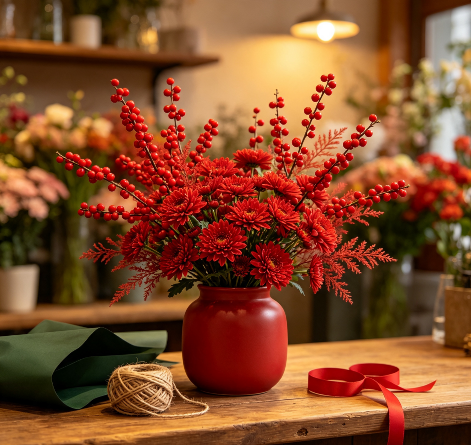 Red Hypericum Berries & Small Red Chrysanthemums · Red Bean Longing