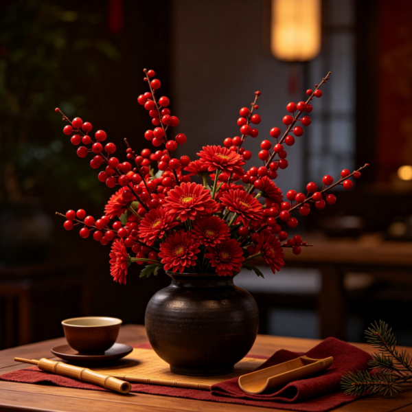 Red Hypericum Berries & Small Red Chrysanthemums · Red Bean Longing