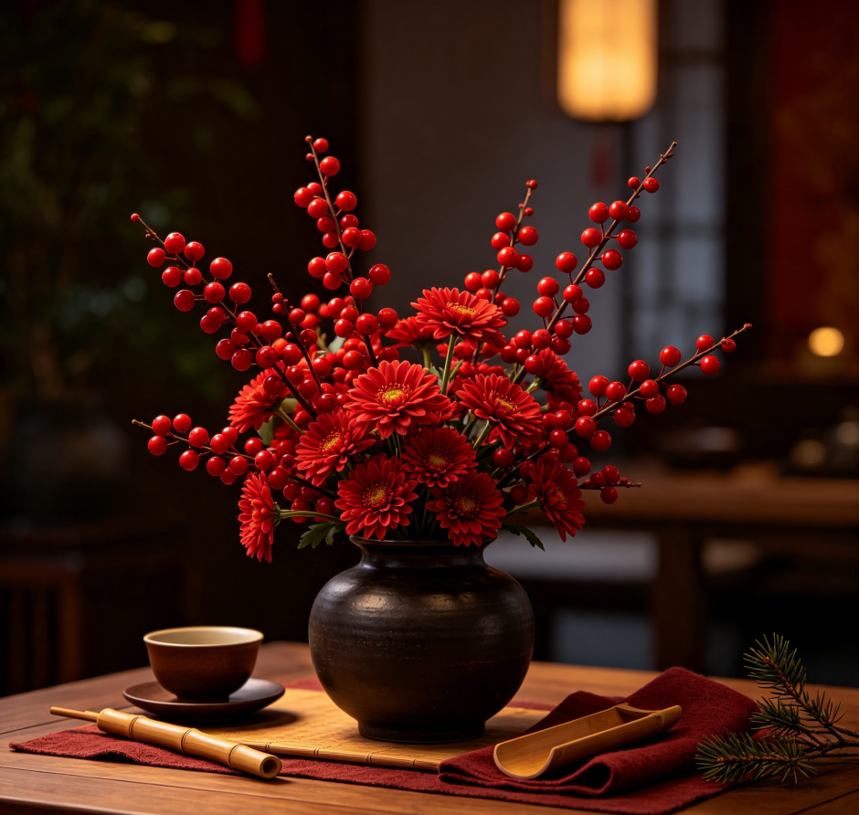Red Hypericum Berries & Small Red Chrysanthemums · Red Bean Longing