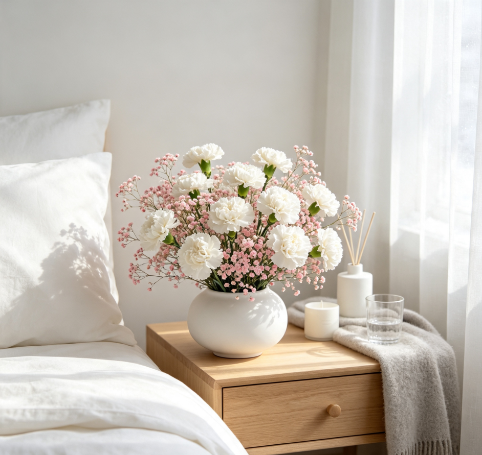 White Carnations & Pink Baby's Breath · First Snow