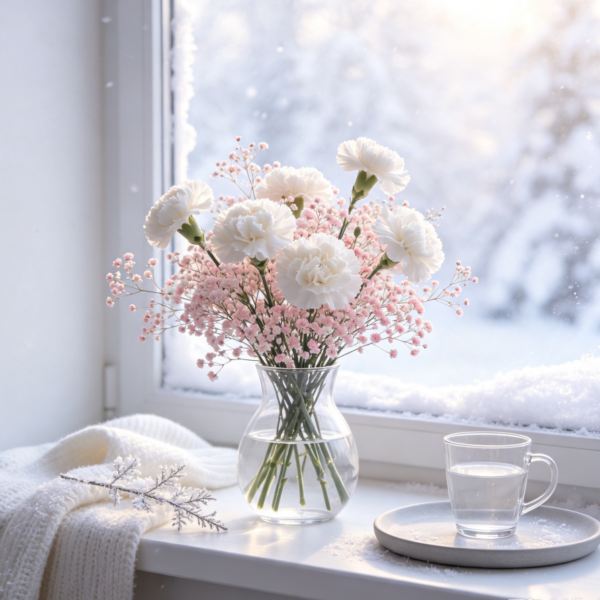 White Carnations & Pink Baby's Breath · First Snow
