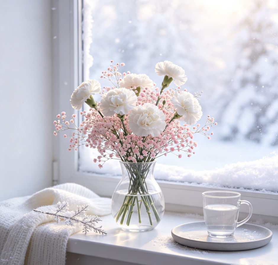 White Carnations & Pink Baby's Breath · First Snow