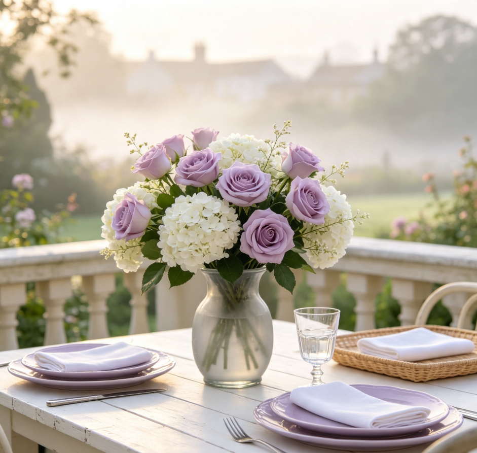 Pale Purple Roses & White Hydrangeas · Misty Morning Estate