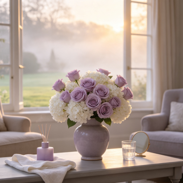 Pale Purple Roses & White Hydrangeas · Misty Morning Estate