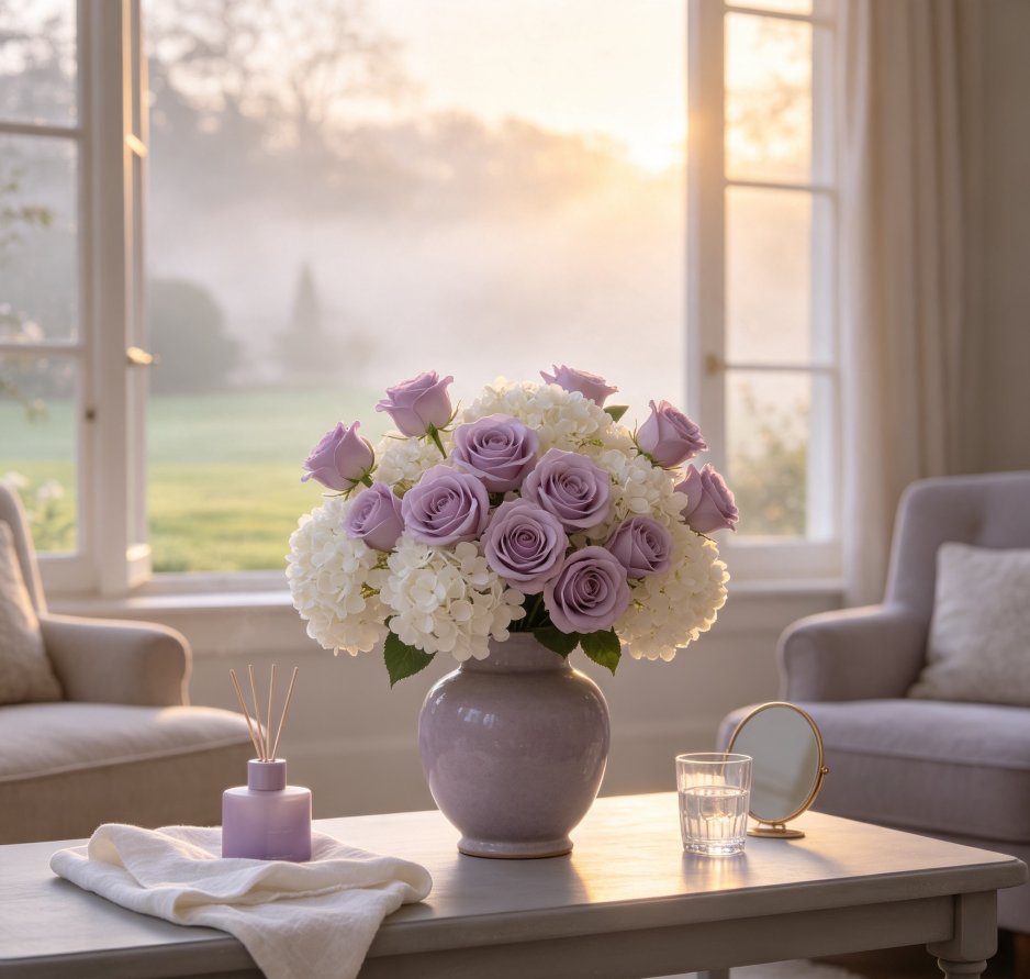 Pale Purple Roses & White Hydrangeas · Misty Morning Estate