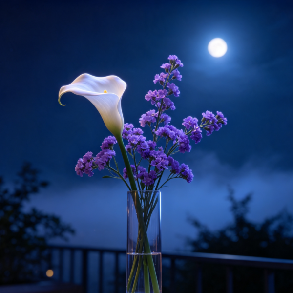 White Calla Lilies & Purple Forget-me-nots · Moonlight Whispers