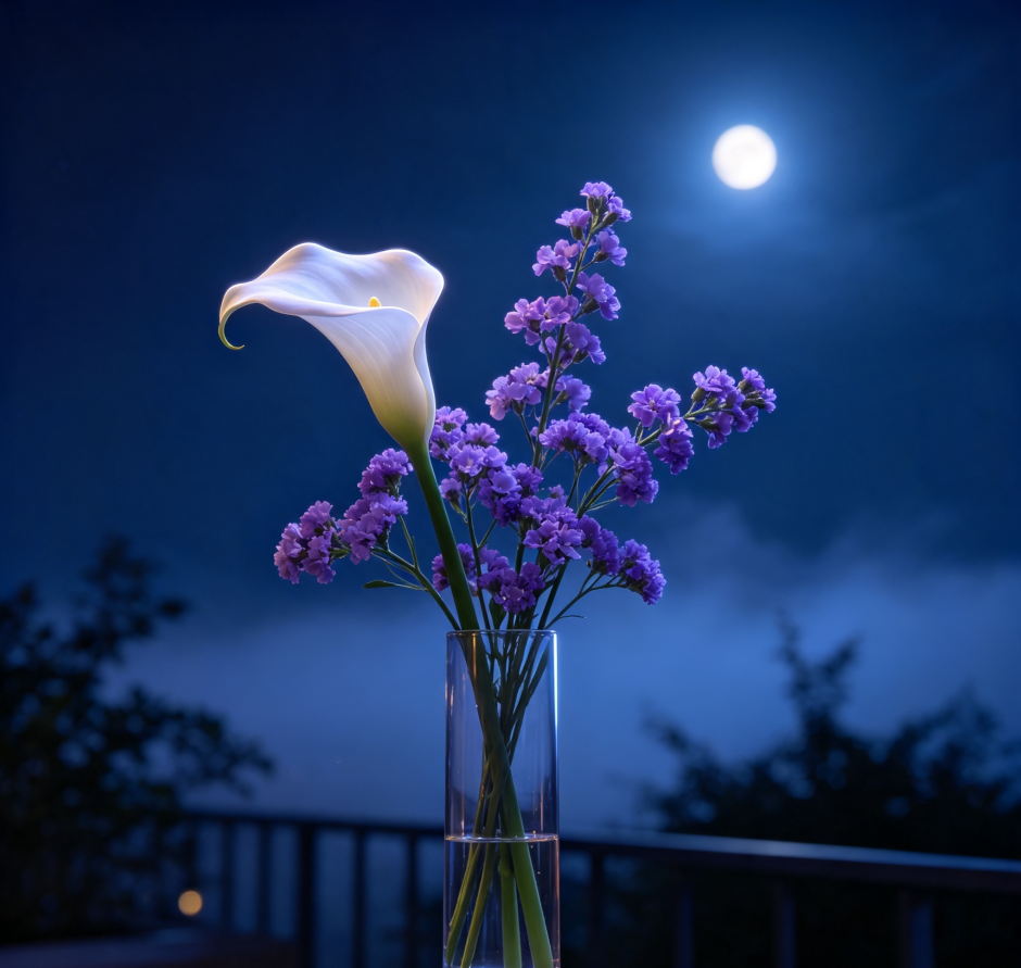 White Calla Lilies & Purple Forget-me-nots · Moonlight Whispers