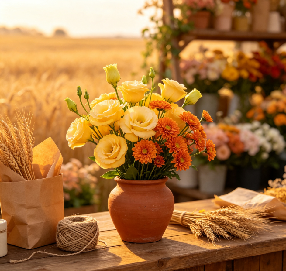 Yellow Lisianthus & Small Orange Chrysanthemums · Wheat Field Watch