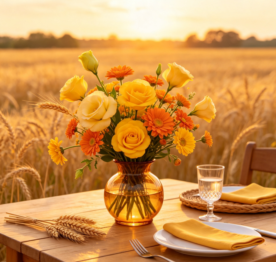 Yellow Lisianthus & Small Orange Chrysanthemums · Wheat Field Watch
