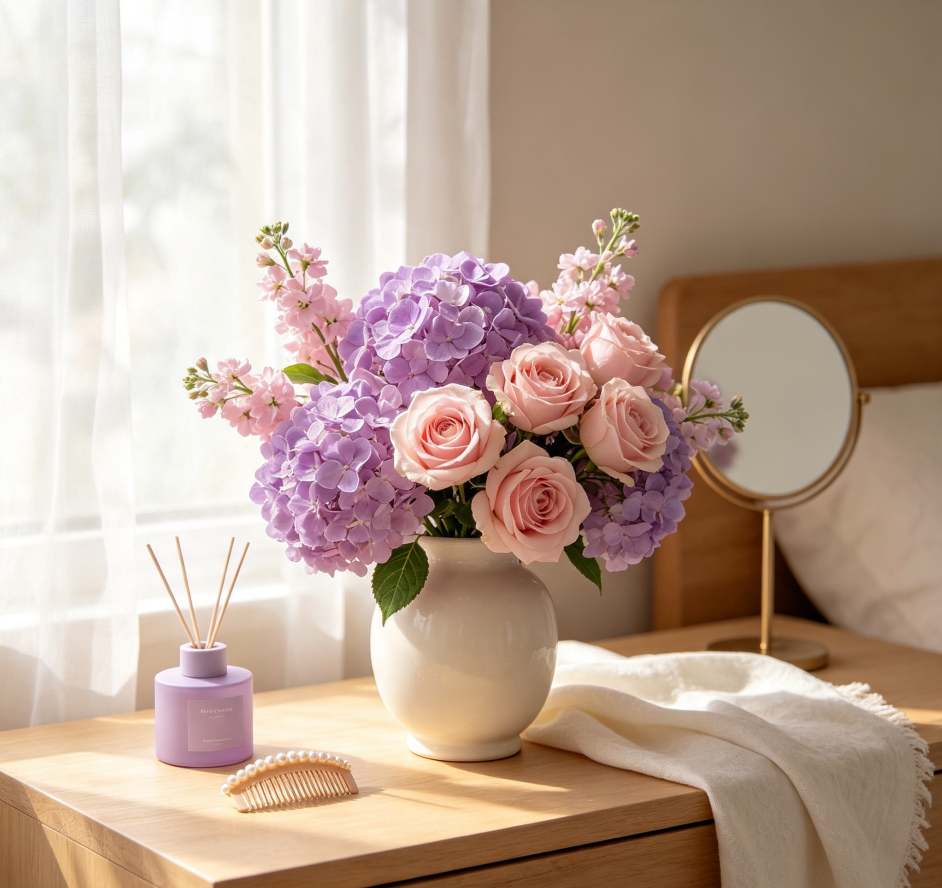 Pink-Purple Hydrangeas & Pale Pink Roses · Gentle Breeze