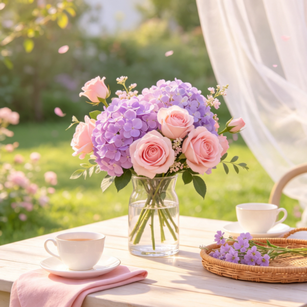 Pink-Purple Hydrangeas & Pale Pink Roses · Gentle Breeze