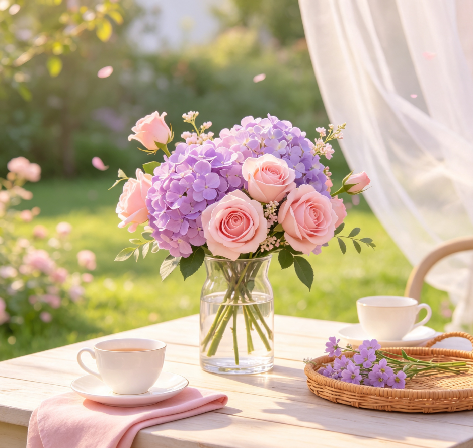Pink-Purple Hydrangeas & Pale Pink Roses · Gentle Breeze